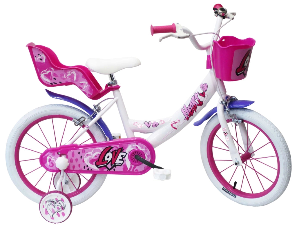SCH HEART 16", bicicletta per bambini, adatta tra i 5 e i 7 anni, per altezza tra 105 e 135 cm, con cestino, campanello 