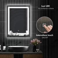 kleankin Specchio per Bagno a Luci LED a 3 Colori Regolabili con Mensola in Vetro, 50x12x70 cm, Argento