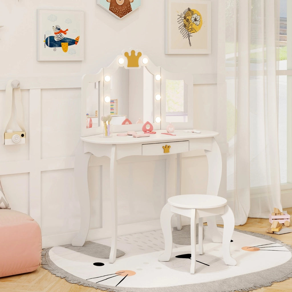 Set da trucco per bambini con specchio illuminato, Set da trucco con tavolo e sedia con specchio Bianco