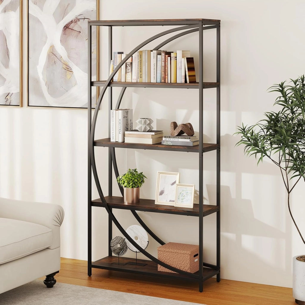 Libreria a 5 Ripiani, Scaffale Alto Indipendente con Design a Mezzaluna, Struttura in Metallo, Libreria da Parete per Soggiorno, Ufficio e Studio, 86 x 30 x 175 cm (Marrone Rustico)