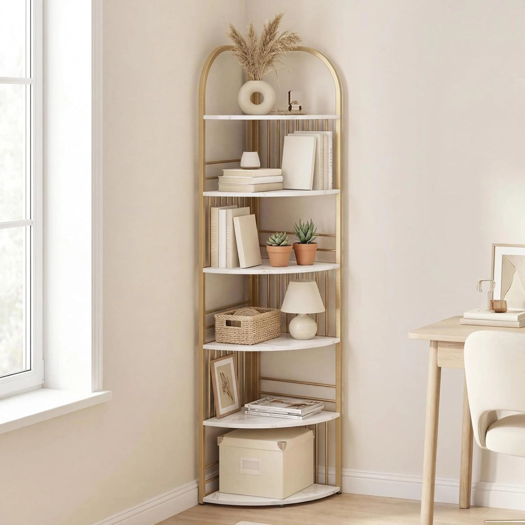 Scaffale Angolare a 6 Ripiani, Libreria Alta 181,5 cm Autoportante con Struttura in Metallo Robusto, Espositore Verticale per Soggiorno, Camera da Letto, Ufficio (Bianco)