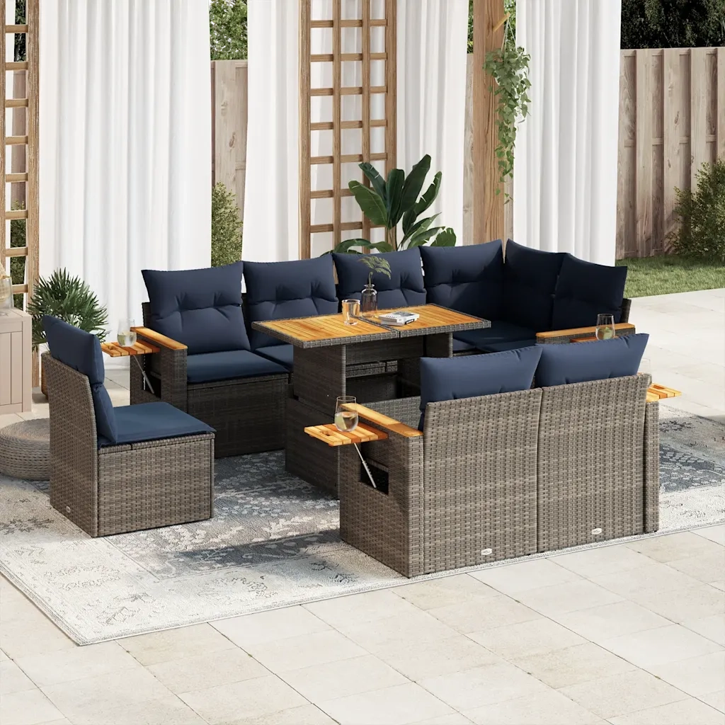 Set Divano da Giardino 9pz con Cuscini Grigio Polyrattan Acacia 3327617