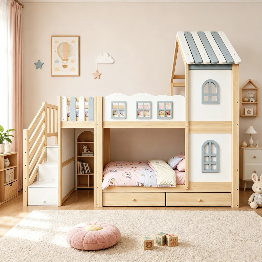 Letto a Castello 90x200 cm; Letto 2 Posti - Casetta con Finestre; Scala contenitore - Bianco