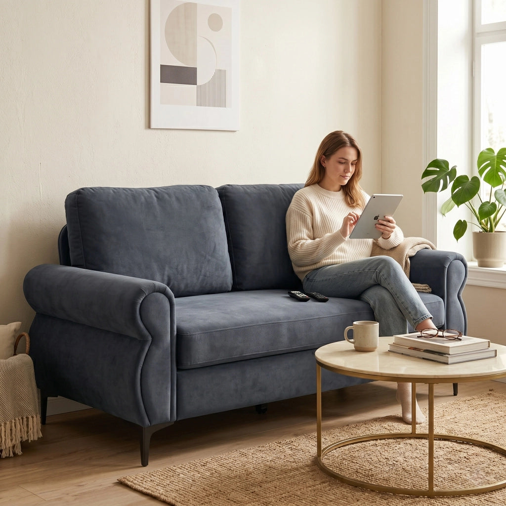Divano lineare con struttura in metallo e legno, seduta ergonomica, rivestimento sfoderabile, 173,5 cm, grigio scuro