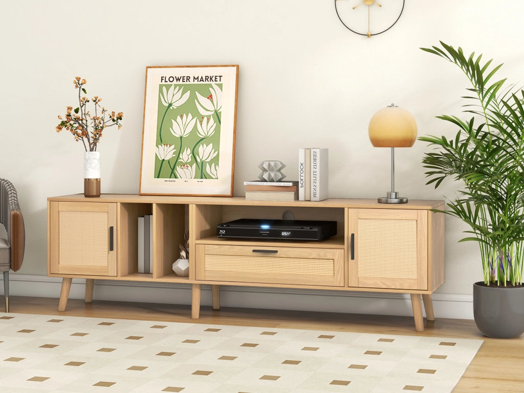 Mobile TV 180 cm in finitura legno con dettagli in rattan, 2 ante, 1 cassetto e gestione cavi per TV fino a 80 pollici