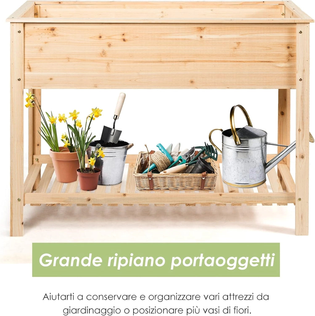 Fioriera di Legno da Giardino, Vaso Rialzato con Ripiano, Porta Piante per Giardino, Ideale per Piante Verdure e Fiori (92 x 41 x 81 cm)