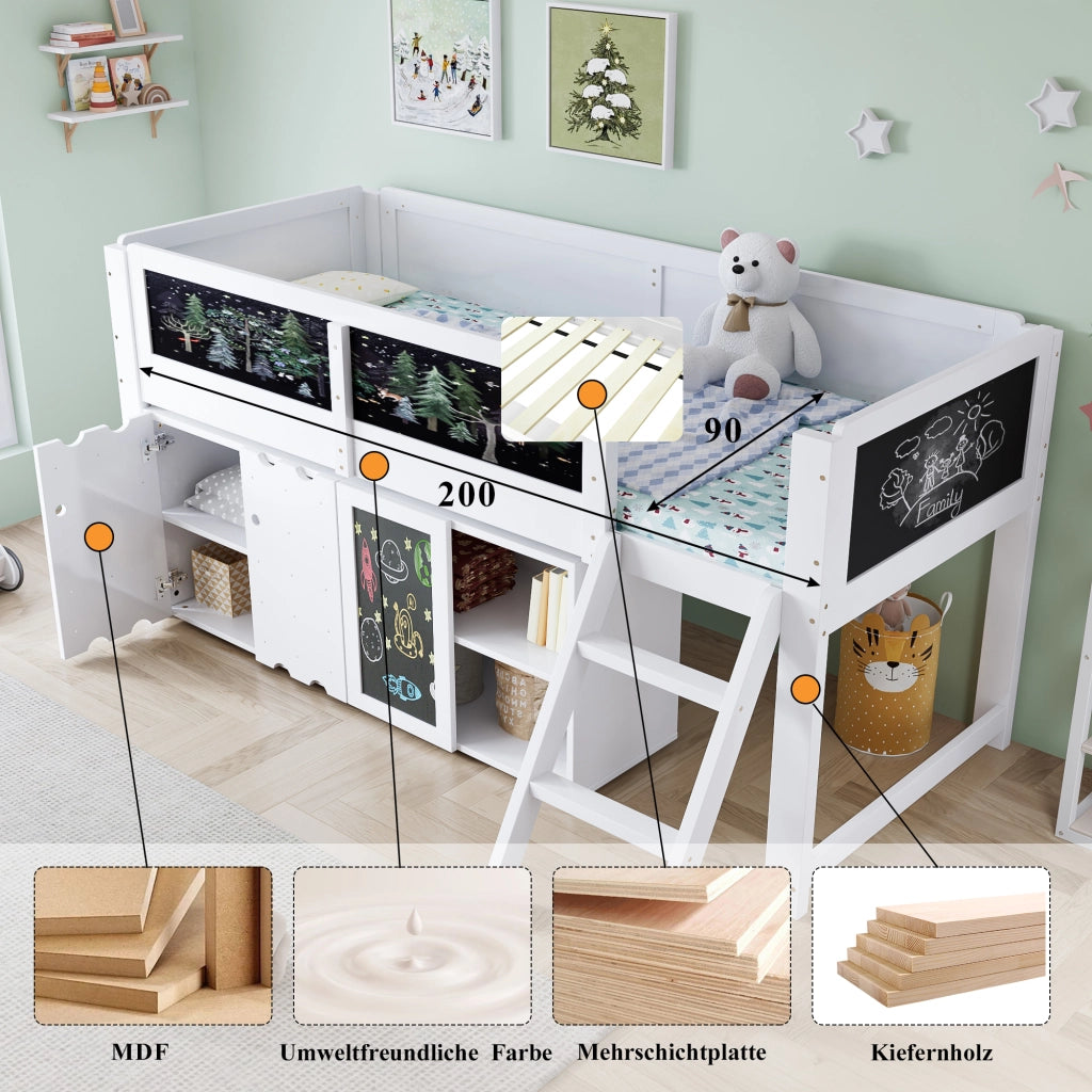 Hochbett bianco con armadi a doppia anta e lavagna integrata in abete MDF compensato 90x200 cm