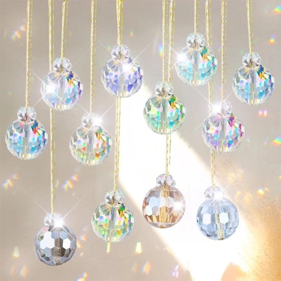 Decorazione da finestra per esterno con cristalli pendenti e ventaglio di colori per feste di Natale, matrimoni e decorazioni di compleanno - maniglia in argento con simbolo luna e sole