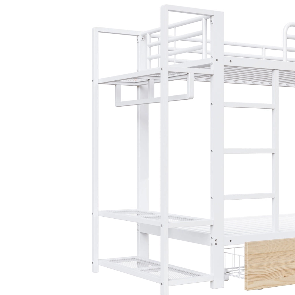 OKWISH Letto a Castello 90×200 cm, Letto Singolo con 2 Cassetti, Mensole e LED Regolabile, senza Materasso, in Metallo, Bianco