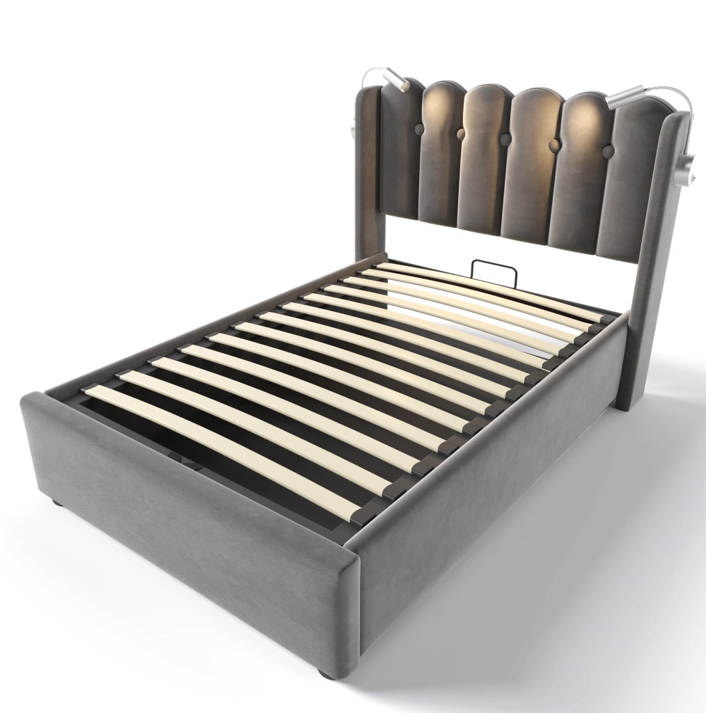 Letto singolo 90x200 cm con contenitore; luce da lettura e porta USB; velluto grigio