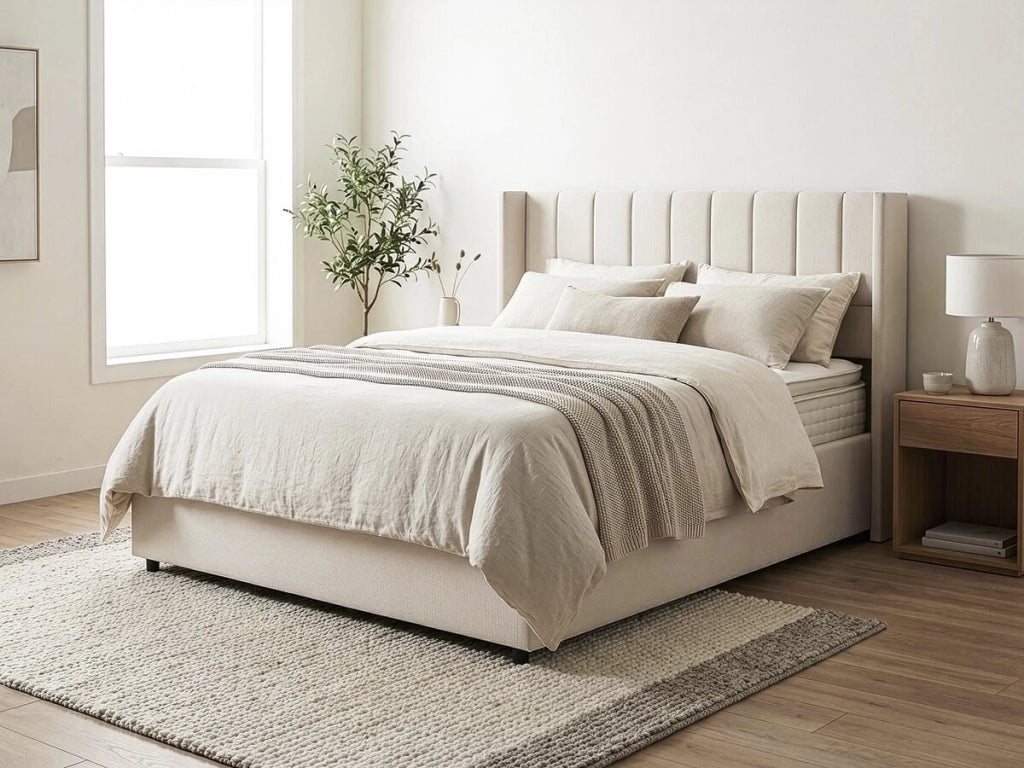Letto matrimoniale in lino con contenitore "Saint-Moritz" - 160 x 200 cm - Beige