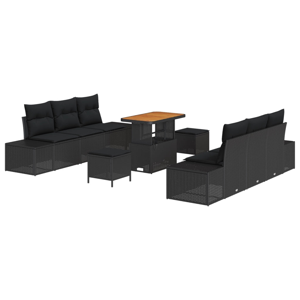 Set di divani da giardino da 9 pezzi con cuscini neri in rattan sintetico e acacia
