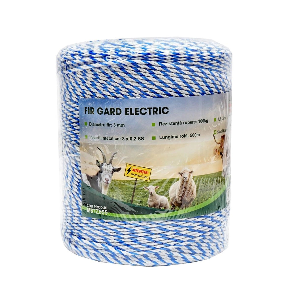 Filo per recinto elettrico, Lunghezza 500 mt, Ø 3mm. 3x0.2mm. SS, 7,8 Ohm/m, Colore Bianco/Blu, recinzioni elettriche MEZOFARM