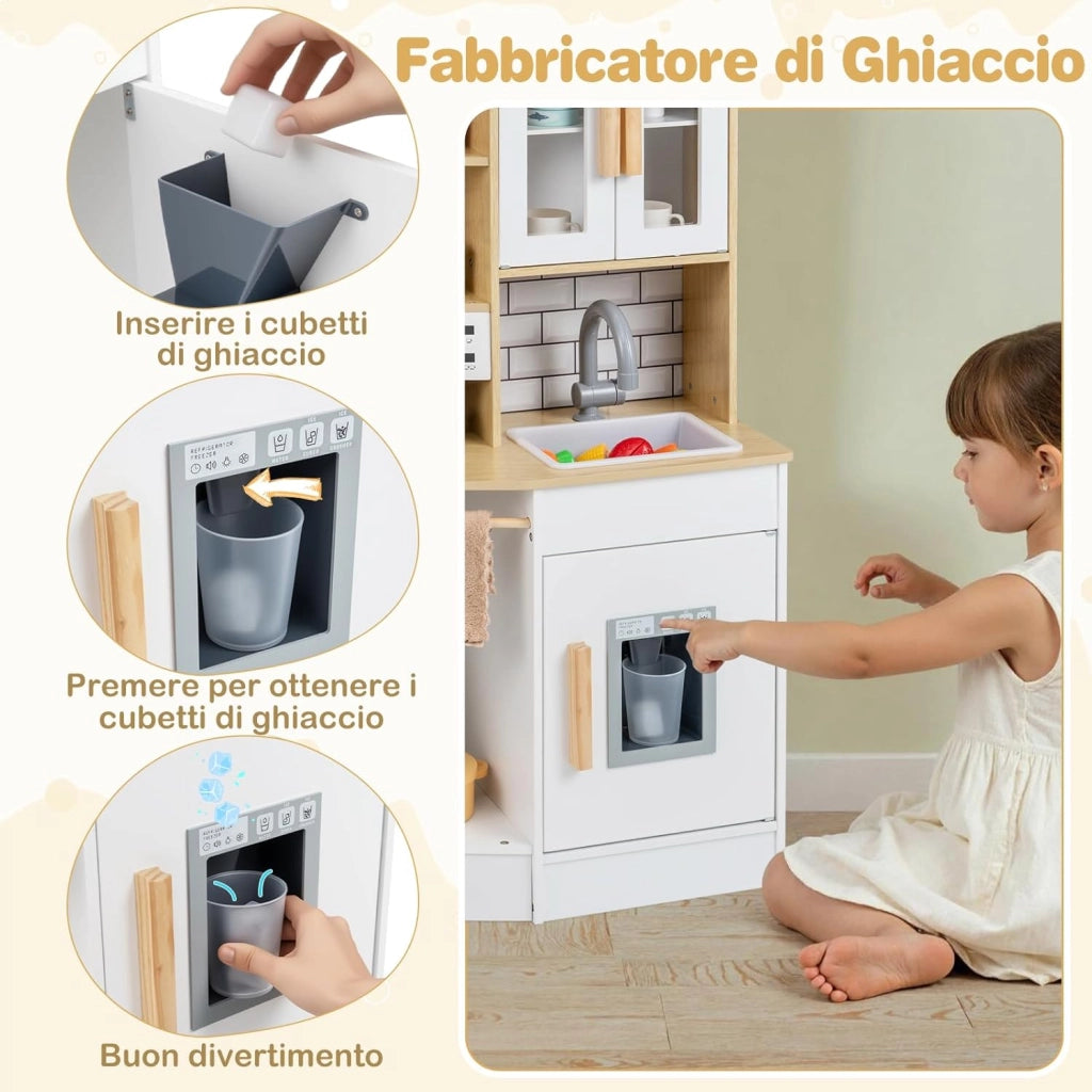 Cucina Giocattolo per Bambini, Cucinetta in Legno con Suoni e Luci, Fornello, Lavandino, Macchina del Caffè, Gioco Cucina di Ruolo per Bambini 3+ Anni (Naturale)