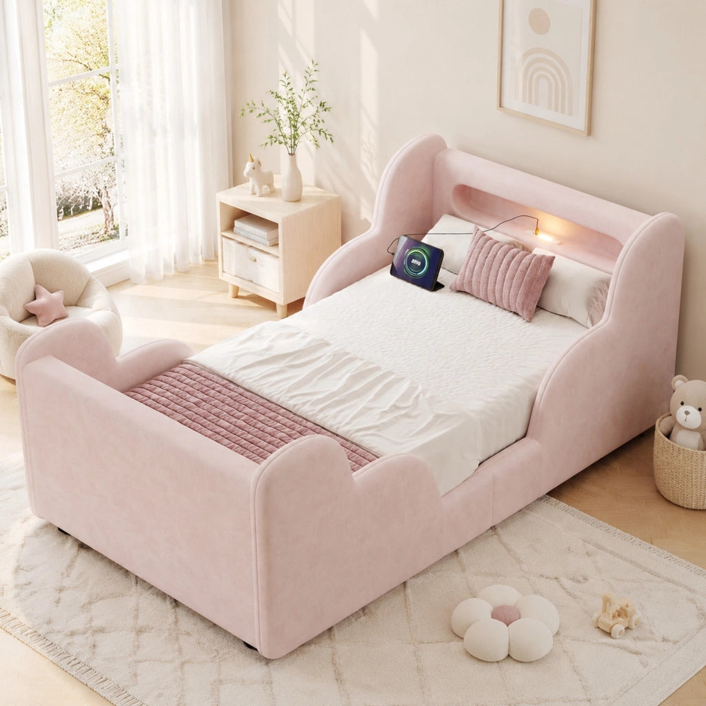 Letto singolo per bambini 90x200 cm in velluto rosa con luce notturna e USB