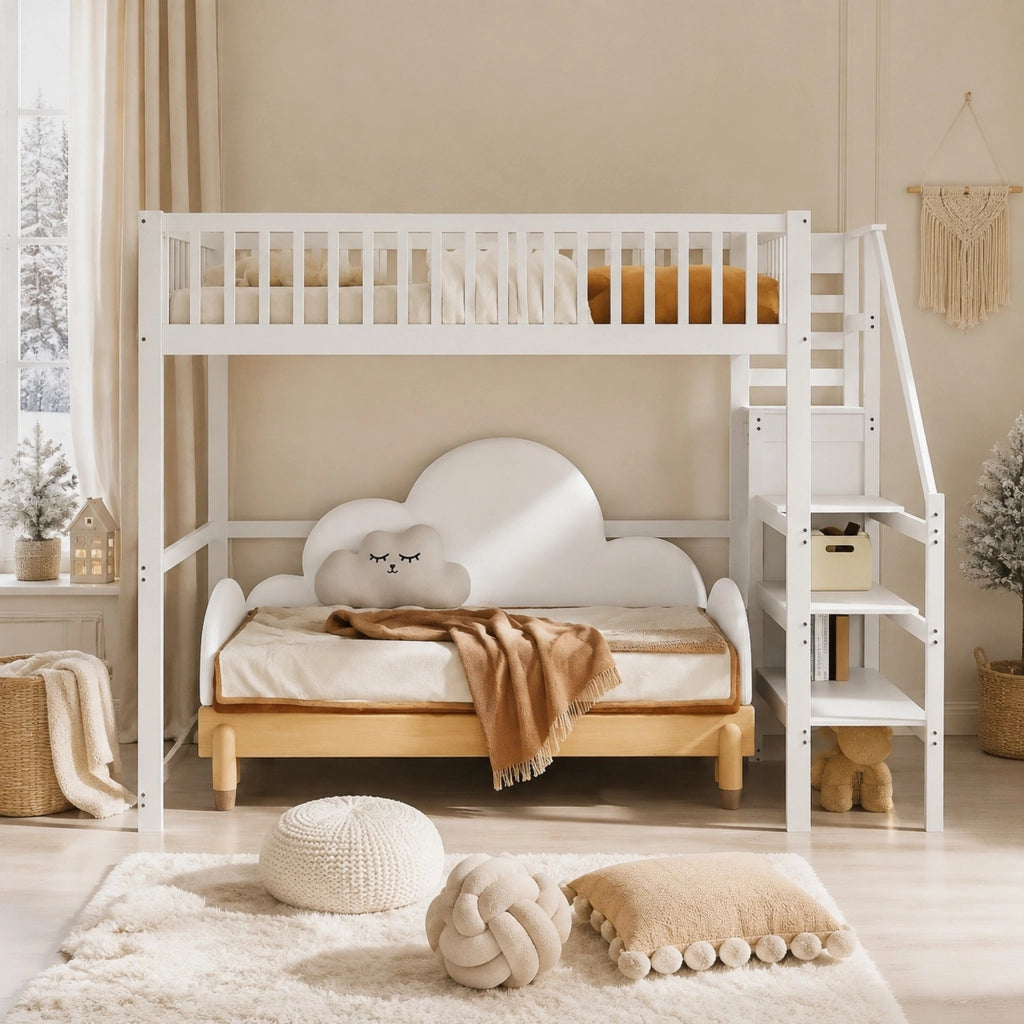 LETTO a soppalco 140x200 cm bianco in legno con scala e armadio