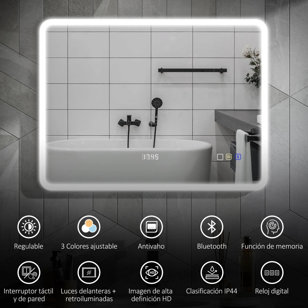 Specchio da Bagno con LED Bluetooth ¨C zephmum ¨C 80x60 cm Antivaho 3 Colori IP44