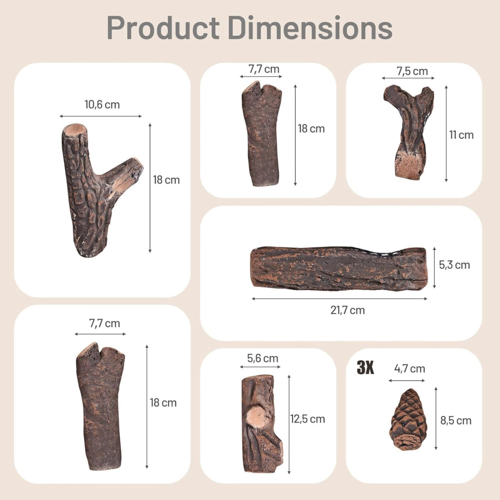 Set di 9 Pezzi di Tronchi in Ceramica a Gas, Decorativi Falsi in Legno in Ceramica per Interni Ed Esterni, a Gas per Camini a Bioetanolo, Camino Elettrico, Pozzo di Fuoco