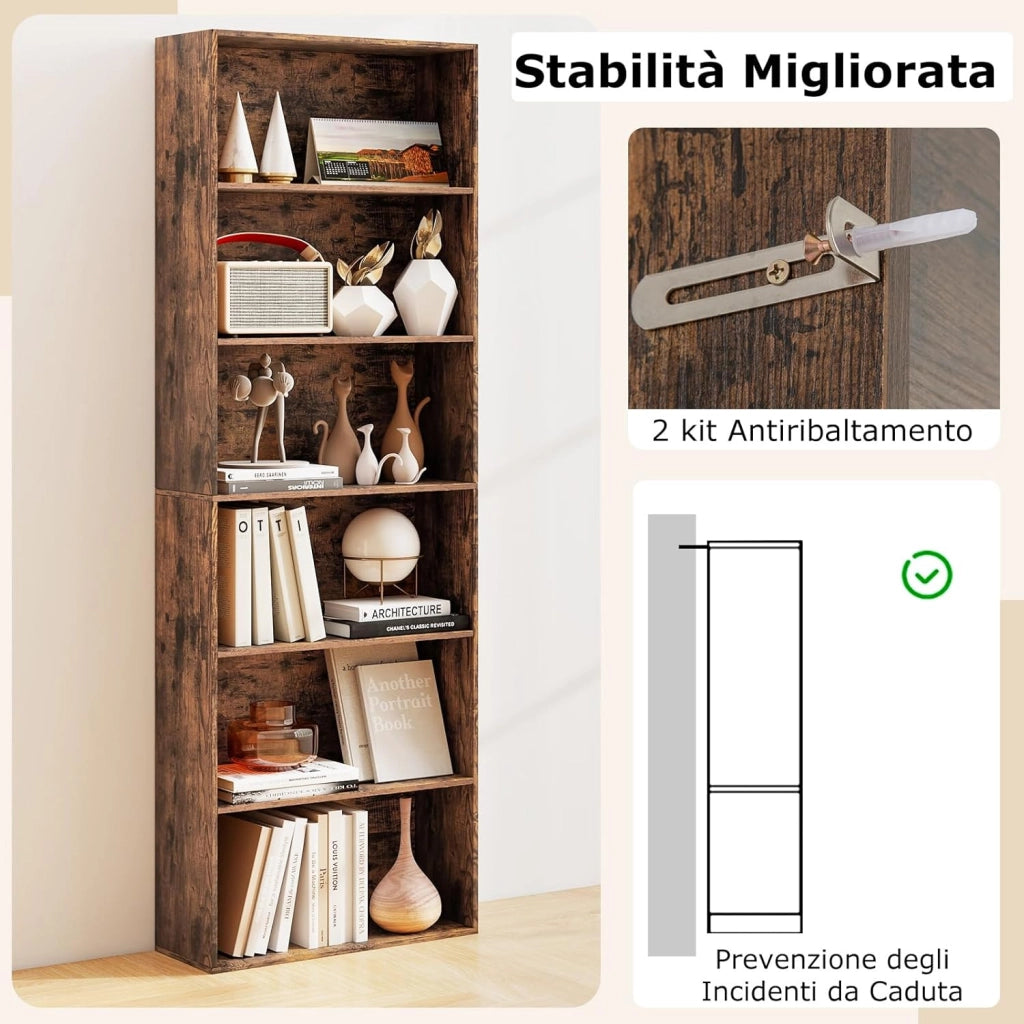 Libreria a 6 Ripiani, Organizzatore per Libri da Terra con 2 Kit Antiribaltamento, Scaffale Moderno per Esposizione per Soggiorno Camera Studio, 60 x 23,5 x 178 cm (Marrone)