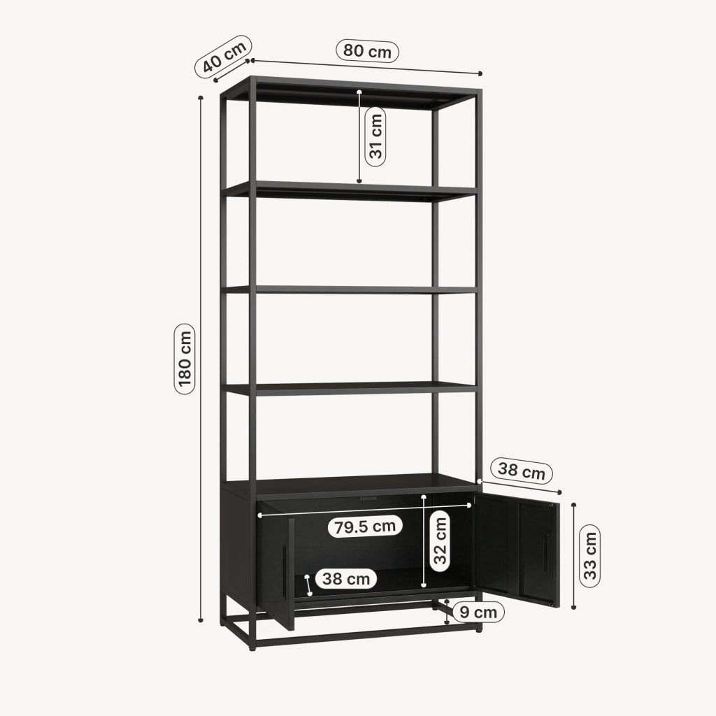 Libreria Hailuoto Scaffale in Acciaio con Ripiani Aperti e Armadietto 180x80x40 cm Nero opaco [en.casa]