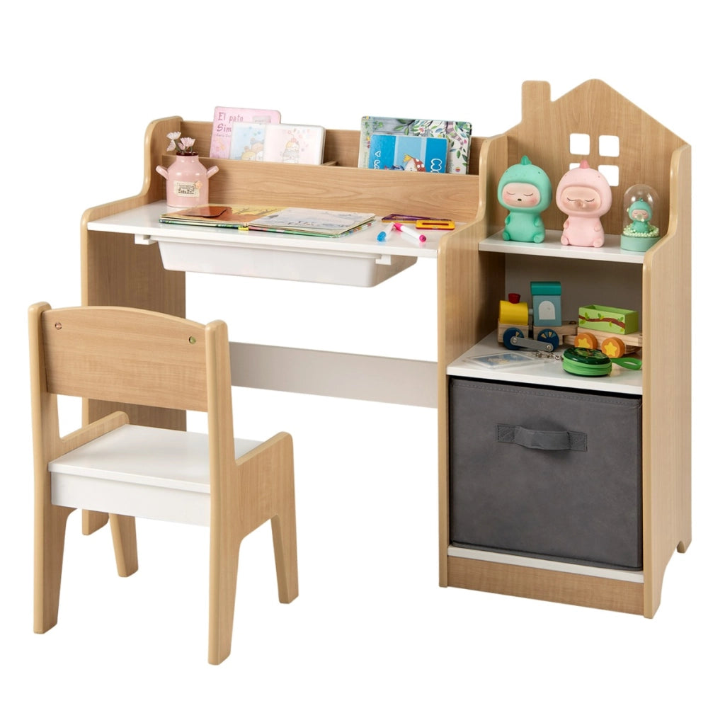 Set scrivania e sedia per bambini con mensole aperte e cassetto in tessuto, Tavolo da studio per bambini Naturale-Tavoli e sedie