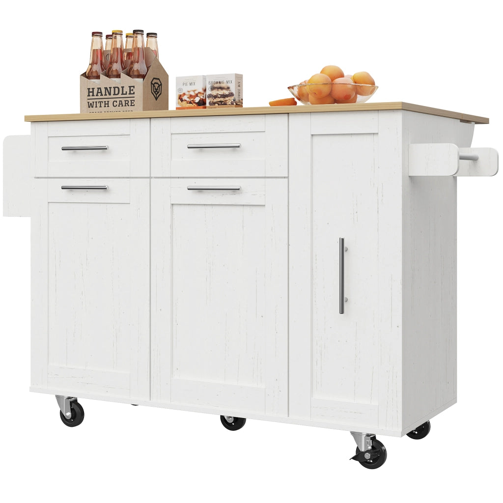 OKWISH Isola da Cucina con Piano Pieghevole e Ruote con Freno Armadietti Contenitore per Cucina in MDF Metallo Bianco