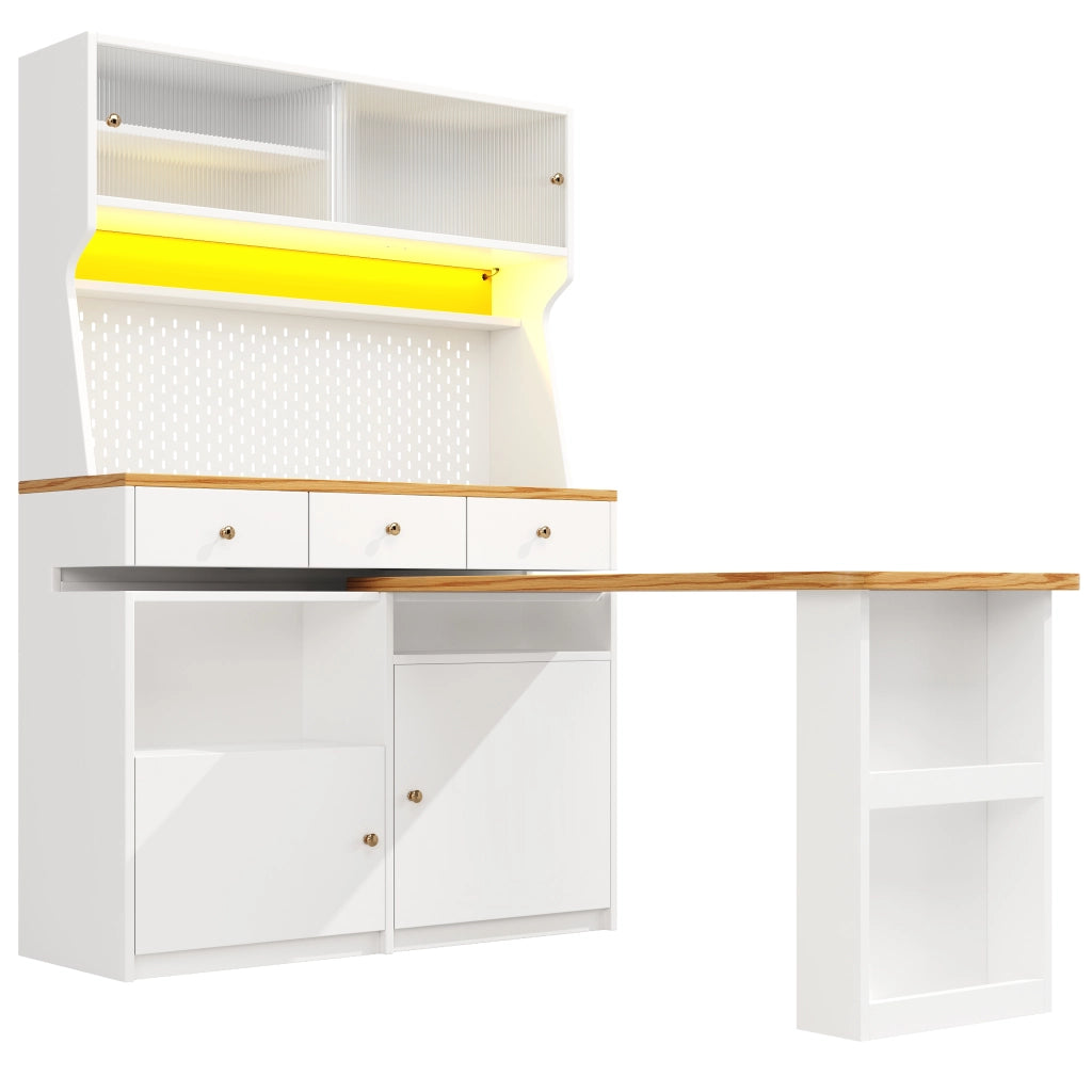 OKWISH Credenza Alta da Cucina con Piano Estensibile e LED, per Cucina o Sala da Pranzo, MDF, Bianco, 137 x 45 x 178 cm