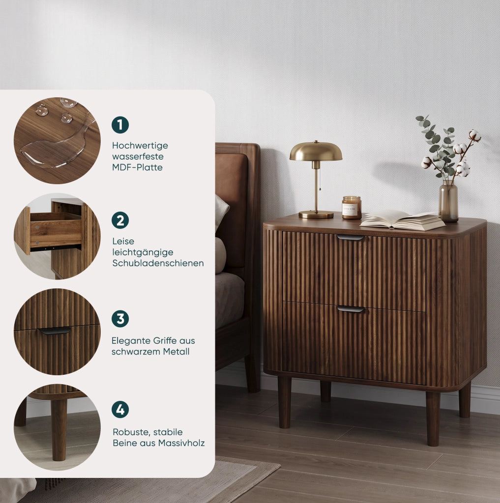 COMODINO 2 Cassetti MDF Color Noce con Frontali Scanalati