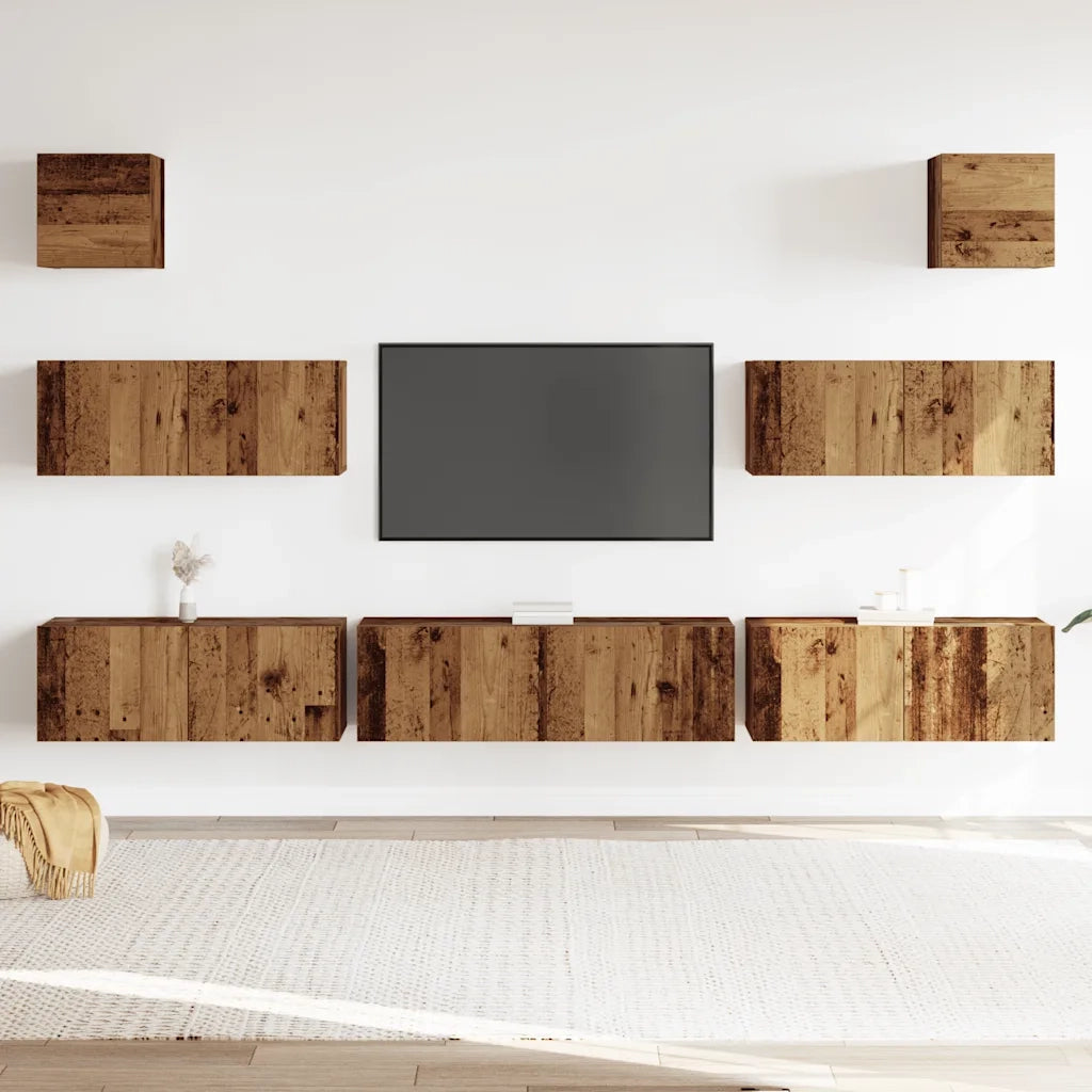 Set Mobile TV 7 pz | Armadietto TV | Mobile Porta TV Montato a Parete Legno Antico in Truciolato