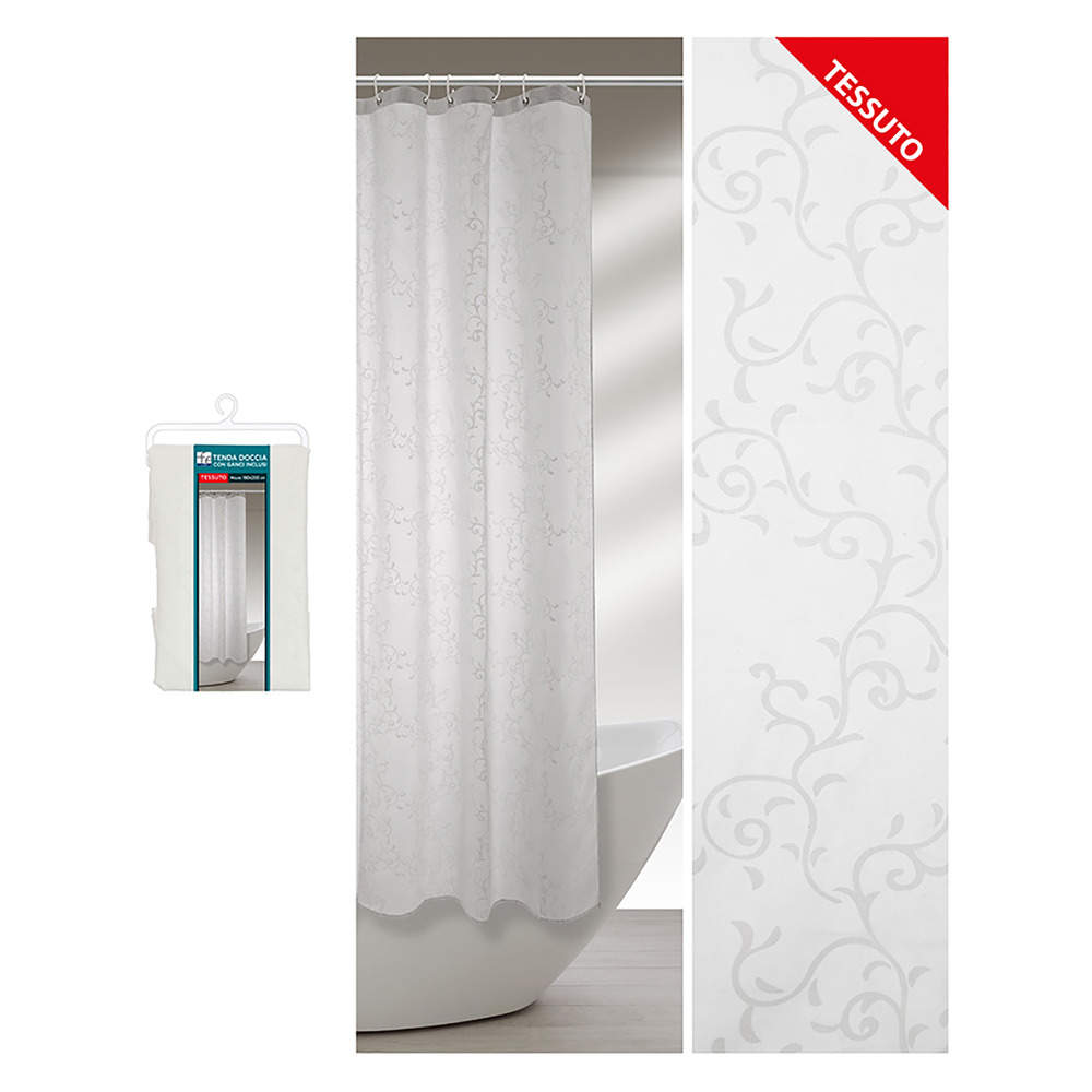 Tenda Doccia da Bagno con Ganci Fantasia a Rami Bianca Formato: 120 x 200 cm
