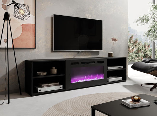 Mobile porta TV soggiorno con caminetto nero ROLLO cm 200x33x48.5h Nero Opaco