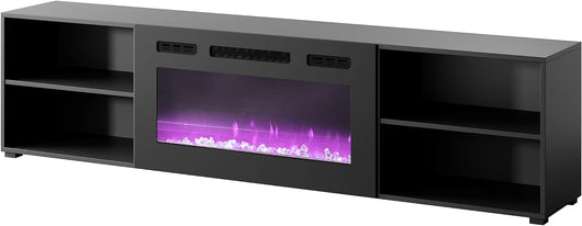 Mobile porta TV soggiorno con caminetto nero ROLLO cm 200x33x48.5h Nero Opaco