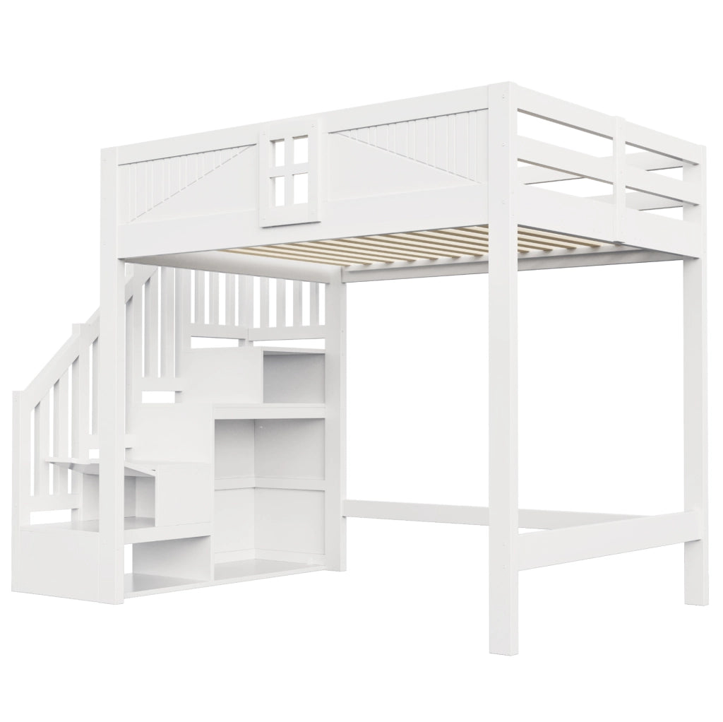 Letto a soppalco 140x200 cm in legno massello; bianco; con scala reversibile e spazio contenitivo