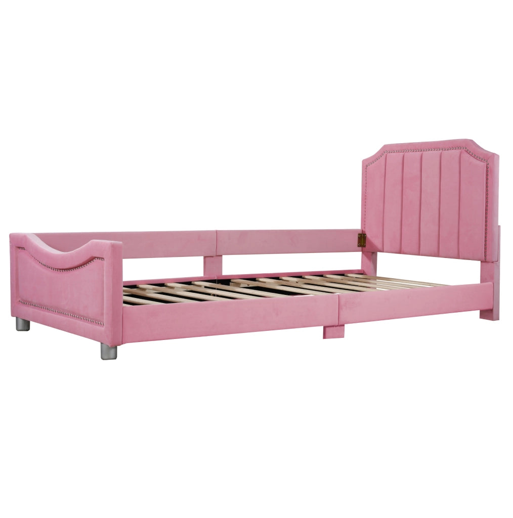 Polsterbett 90x200 cm in flanella rosa con testiera e pediera