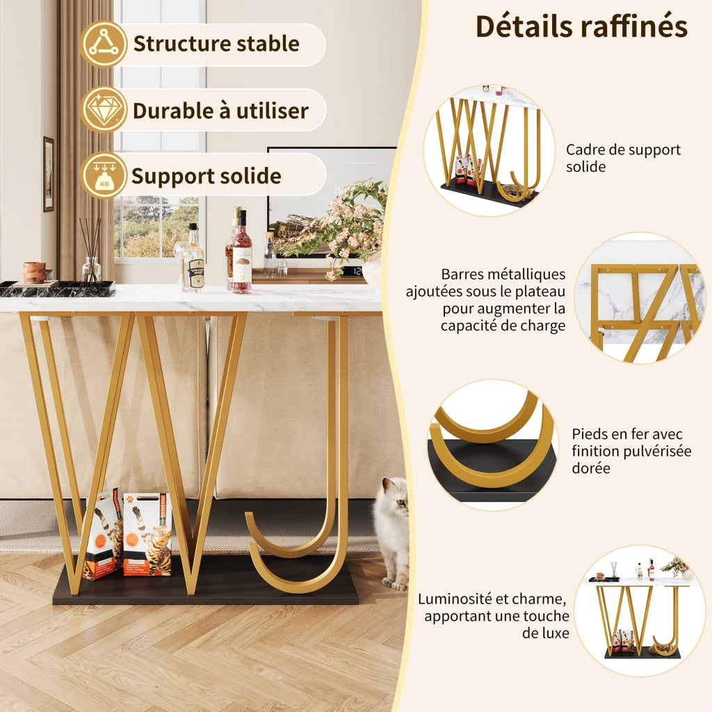 Consolle con vano aperto e piano in effetto marmo, per ingresso e soggiorno, in MDF e metallo bianco, 120 × 29,5 × 80 cm