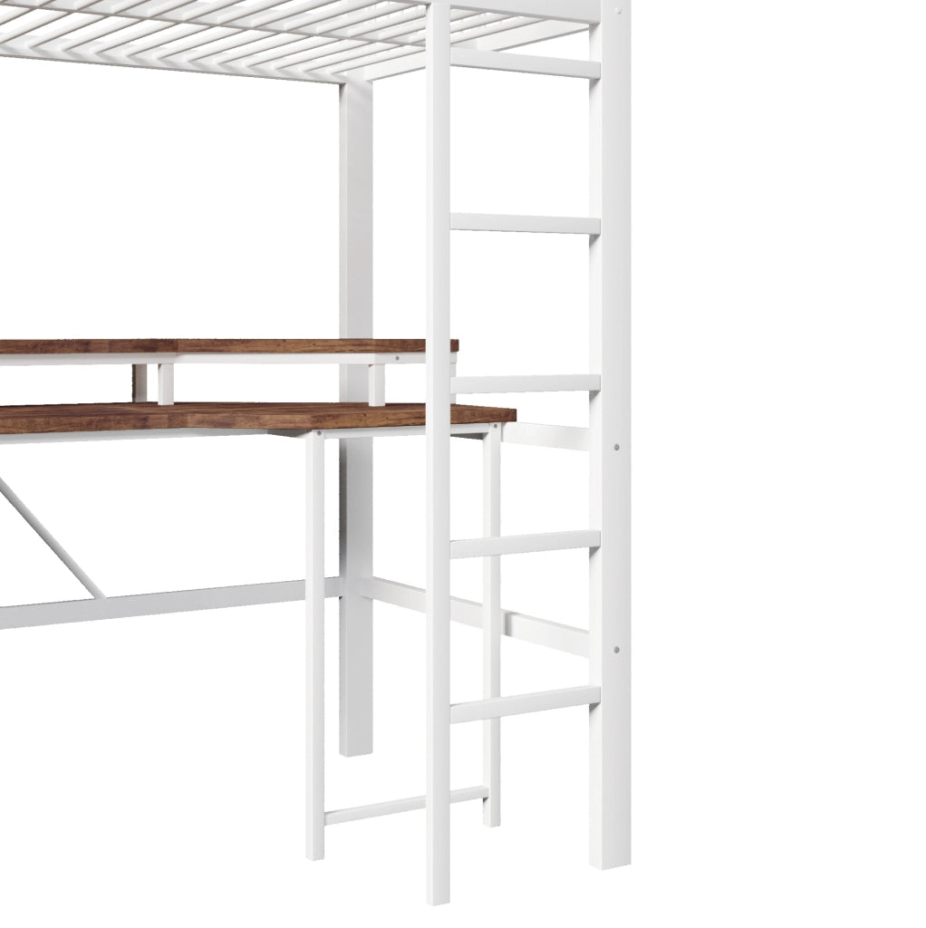Letto a soppalco 90x200 cm con scrivania; LED; USB; Type-C e prese; metallo e MDF; bianco