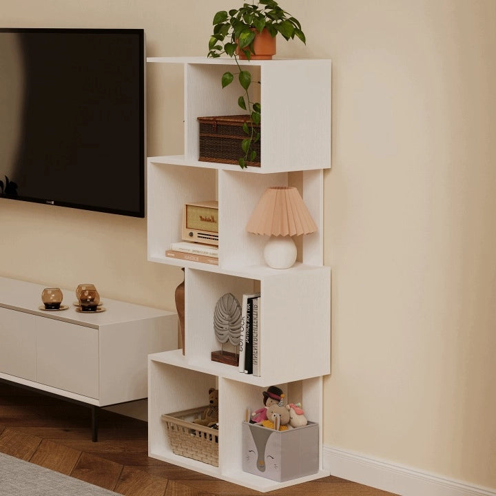 Libreria a colonna bianca aperta, mobile da biblioteca in stile loft moderno, 140 cm