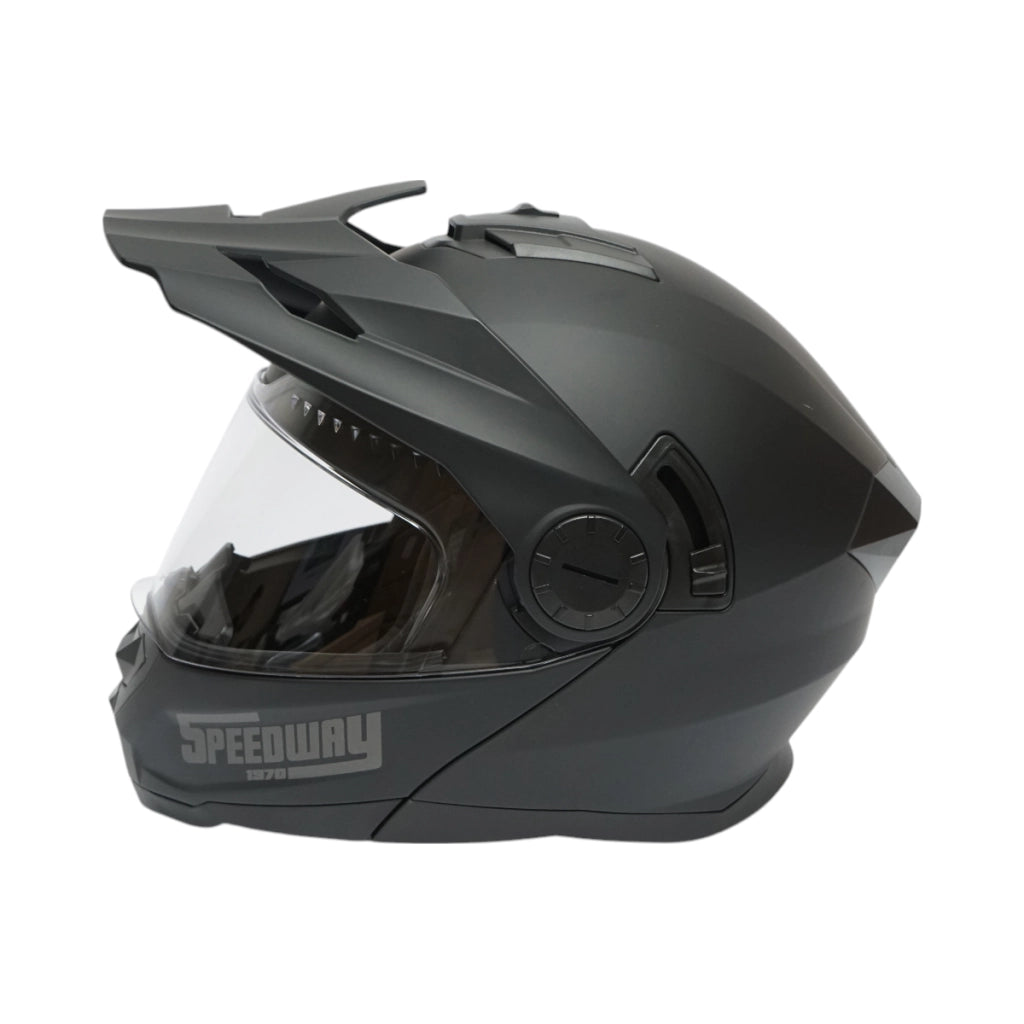 Casco integrale da motocross nero opaco con visiera trasparente e occhiali da sole, taglia L Lion