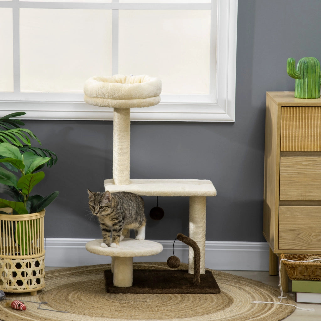 Albero Tiragraffi per Gatti con Palo in Sisal, Posatoio e Palline da Gioco, in Truciolato e Peluche, 44x38x81 cm