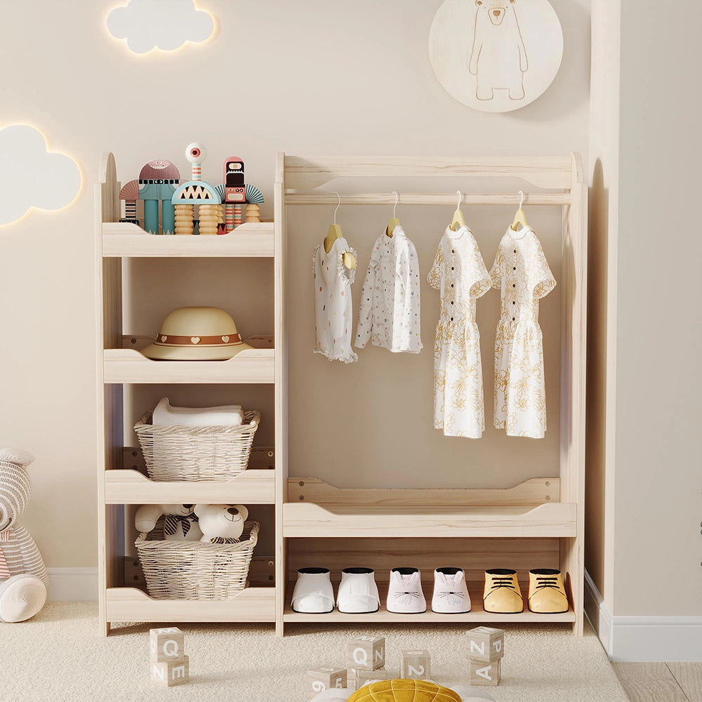 Armadio guardaroba bambino 110x39x110 cm - Xylo - in legno naturale, con appendiabiti e 4 ripiani