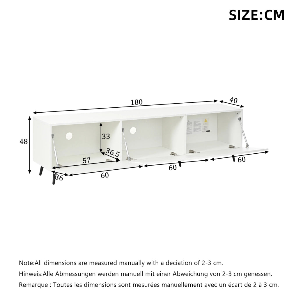 Mobile TV 180x40x48 cm con 3 ante a ribalta; grande capacità; MDF; bianco