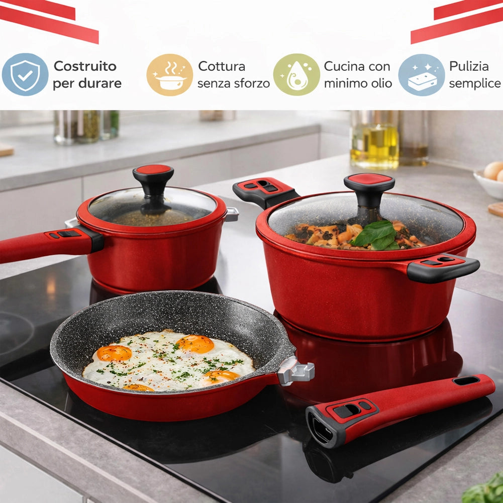 Batteria Pentole Rubino Suprem 24PZ Alluminio Pressofuso Rosso Manici Removibili