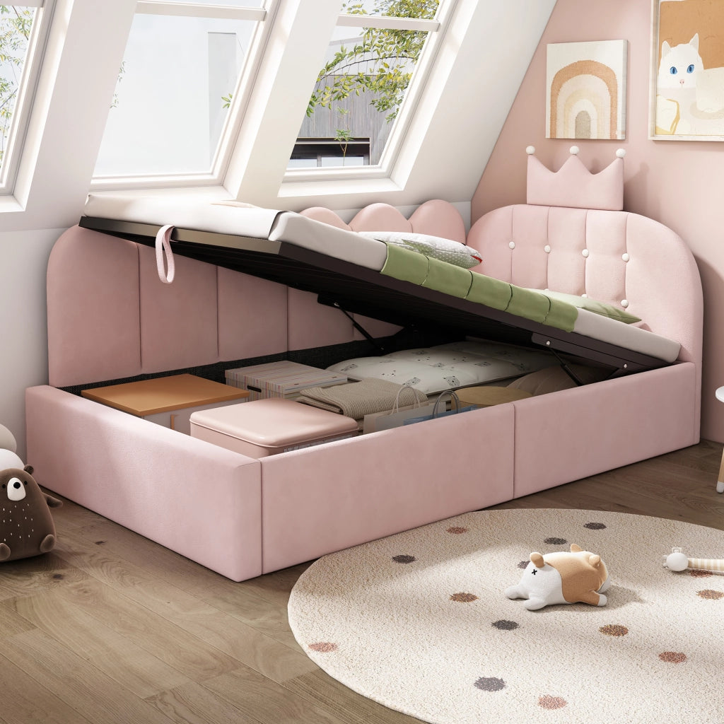 Letto contenitore per bambini 90 × 200 cm con sollevamento idraulico, senza materasso, in velluto rosa