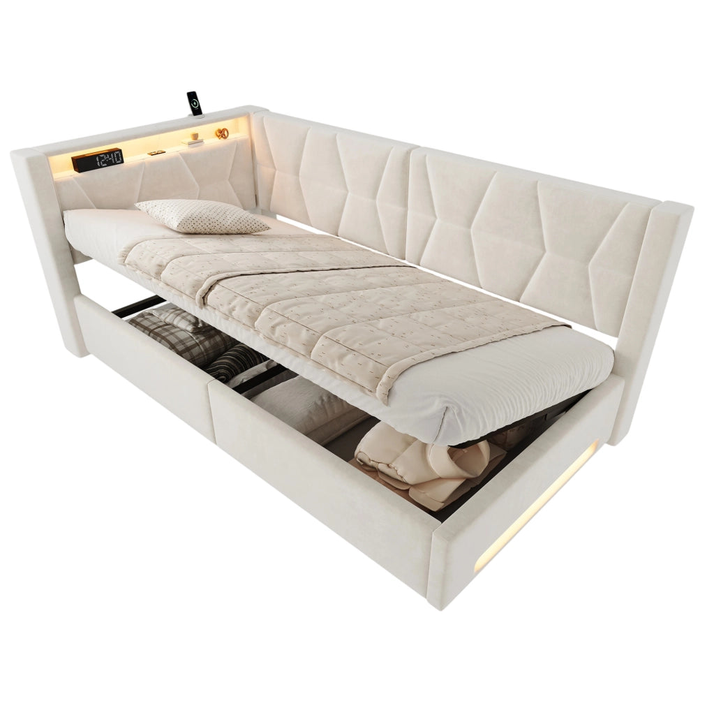 Letto imbottito 90x200 cm con contenitore, LED, USB e Type-C