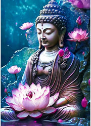 Decorazione da Parete a Diamanti 5D - Immagine di Buddha e Loto - Arte Fai da Te - Dimensioni 30 x 40 cm - Lavoro Artigianale - Riduzione dello Stress - Esperienza di Completo - Pasticcino a Diamanti