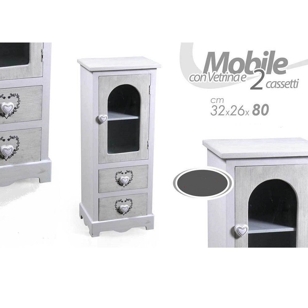 Trade Shop - Mobile Con Vetrina Cuore Anta 2 Cassetti In Legno Shabby Chic 80x32x26cm 662218 -