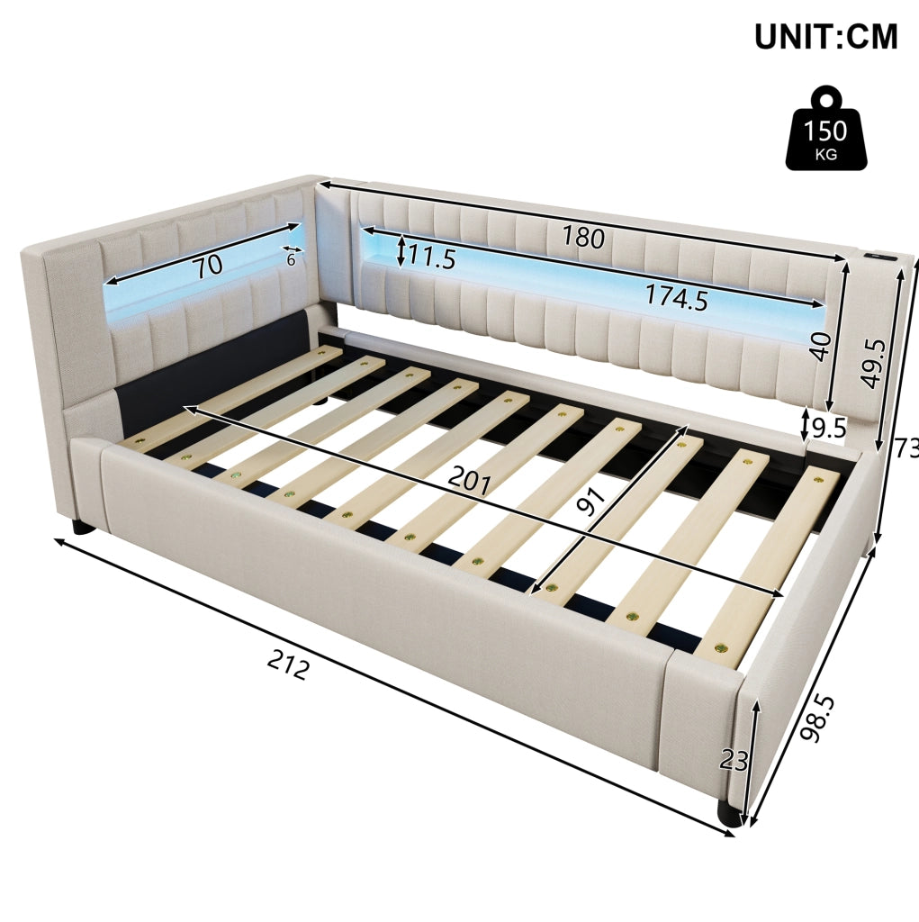 Letto da giorno beige 90x200 cm con vano idraulico, LED, USB e Type-C