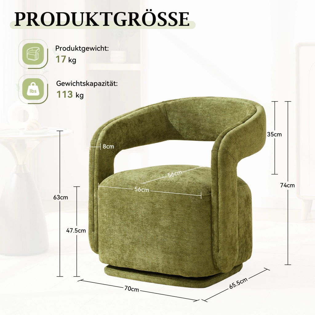 Poltrona girevole 360° in chenille con schienale ergonomico e base robusta verde per soggiorno e lettura moderna