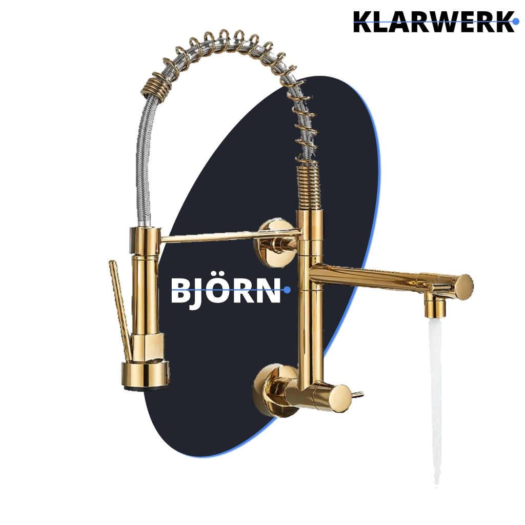 Björn |gastronomia rubinetto monoforo a parete per acqua fredda oro|da cucina professionale in acciaio inox a due getti|doppio per lavello ristorante
