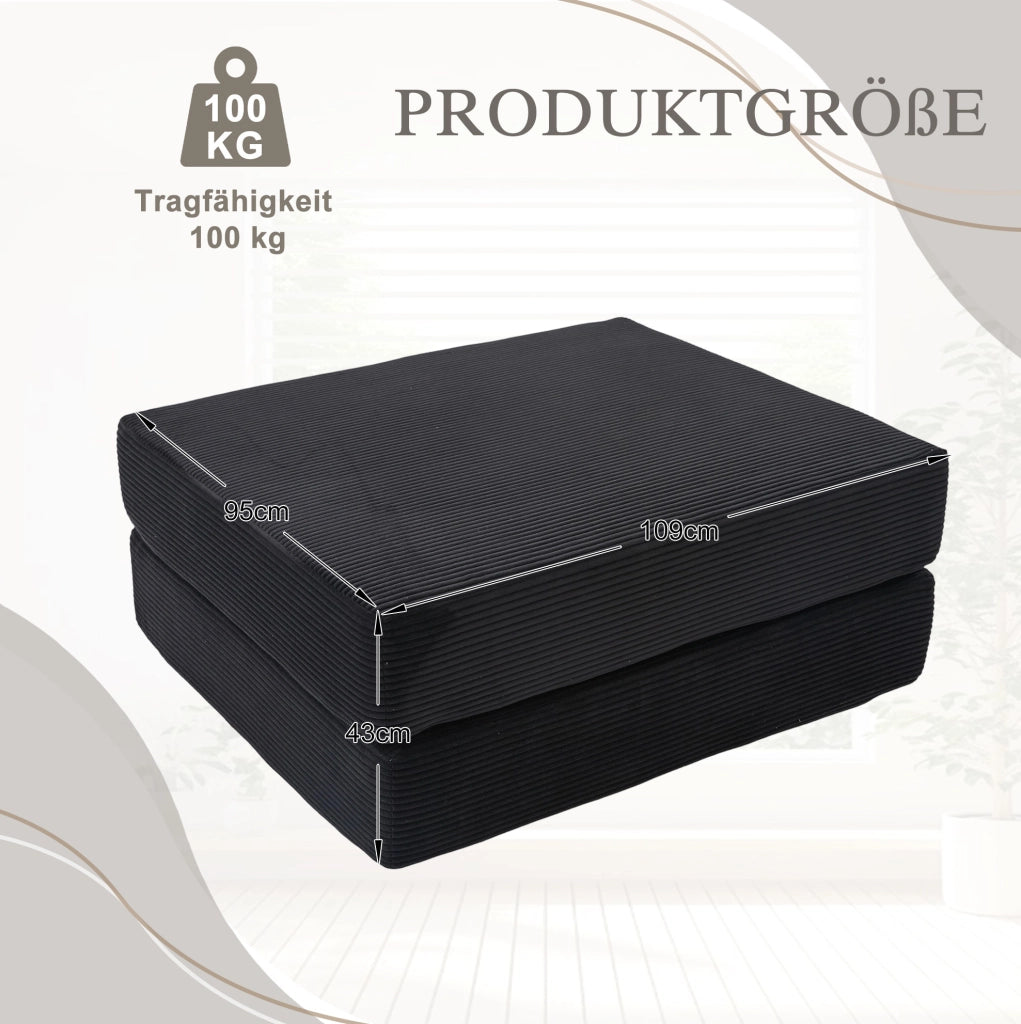 Pouf poggiapiedi in velluto a coste nero; convertibile in letto singolo; 109 x 95 x 43 cm